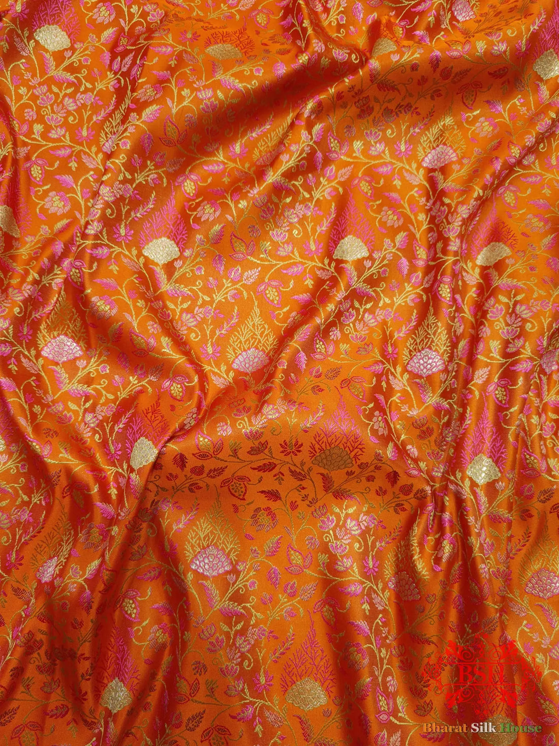 Orange Dohri Resham Zari Booti Tanchoi Silk Saree - Bharat Silk House Tanchoi katan