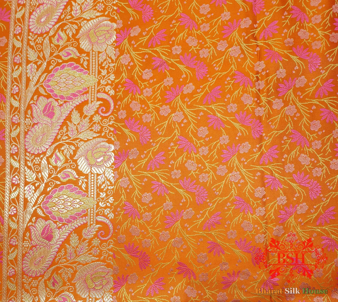 Orange Dohri Resham Zari Booti Tanchoi Silk Saree - Bharat Silk House Tanchoi katan
