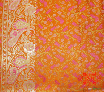 Orange Dohri Resham Zari Booti Tanchoi Silk Saree - Bharat Silk House Tanchoi katan