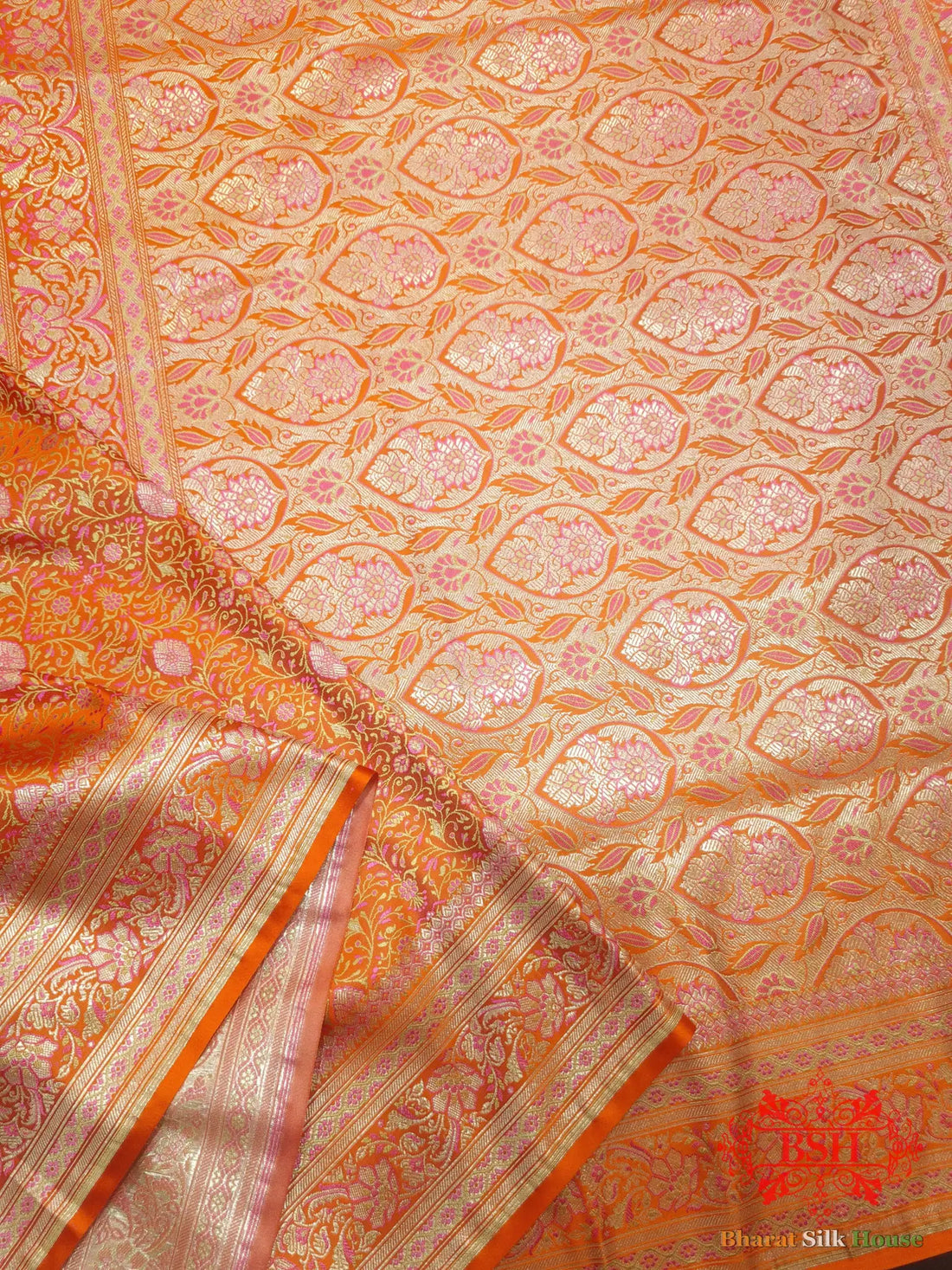 Orange Dohri Resham Zari Booti Tanchoi Silk Saree - Bharat Silk House Tanchoi katan