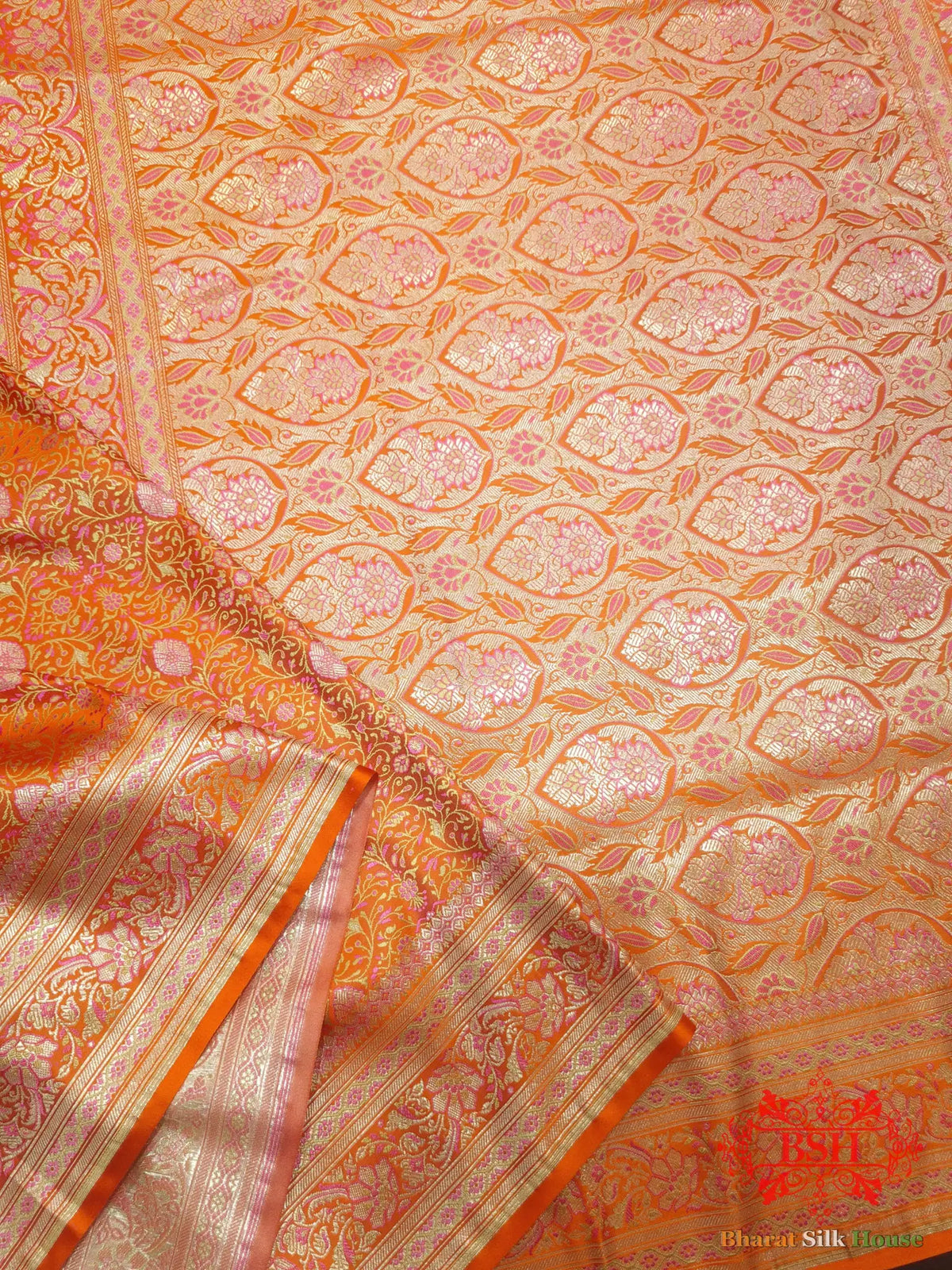 Orange Dohri Resham Zari Booti Tanchoi Silk Saree - Bharat Silk House Tanchoi katan