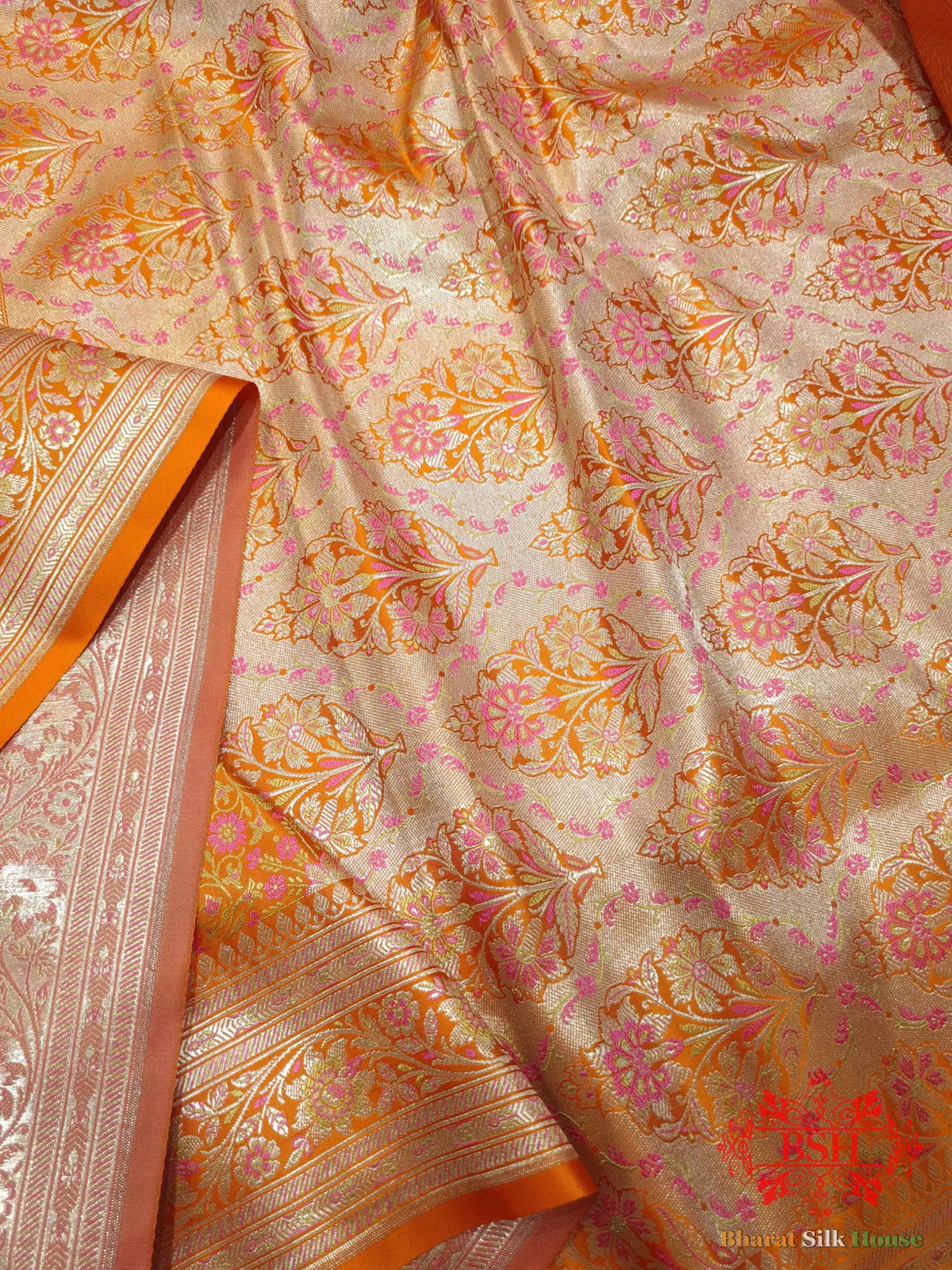 Orange Dohri Resham Zari Booti Tanchoi Silk Saree - Bharat Silk House Tanchoi katan