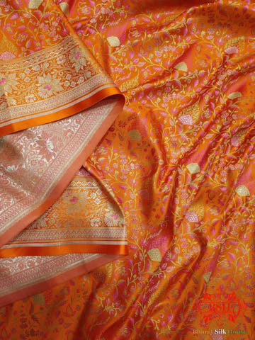 Orange Dohri Resham Zari Booti Tanchoi Silk Saree - Bharat Silk House Tanchoi katan