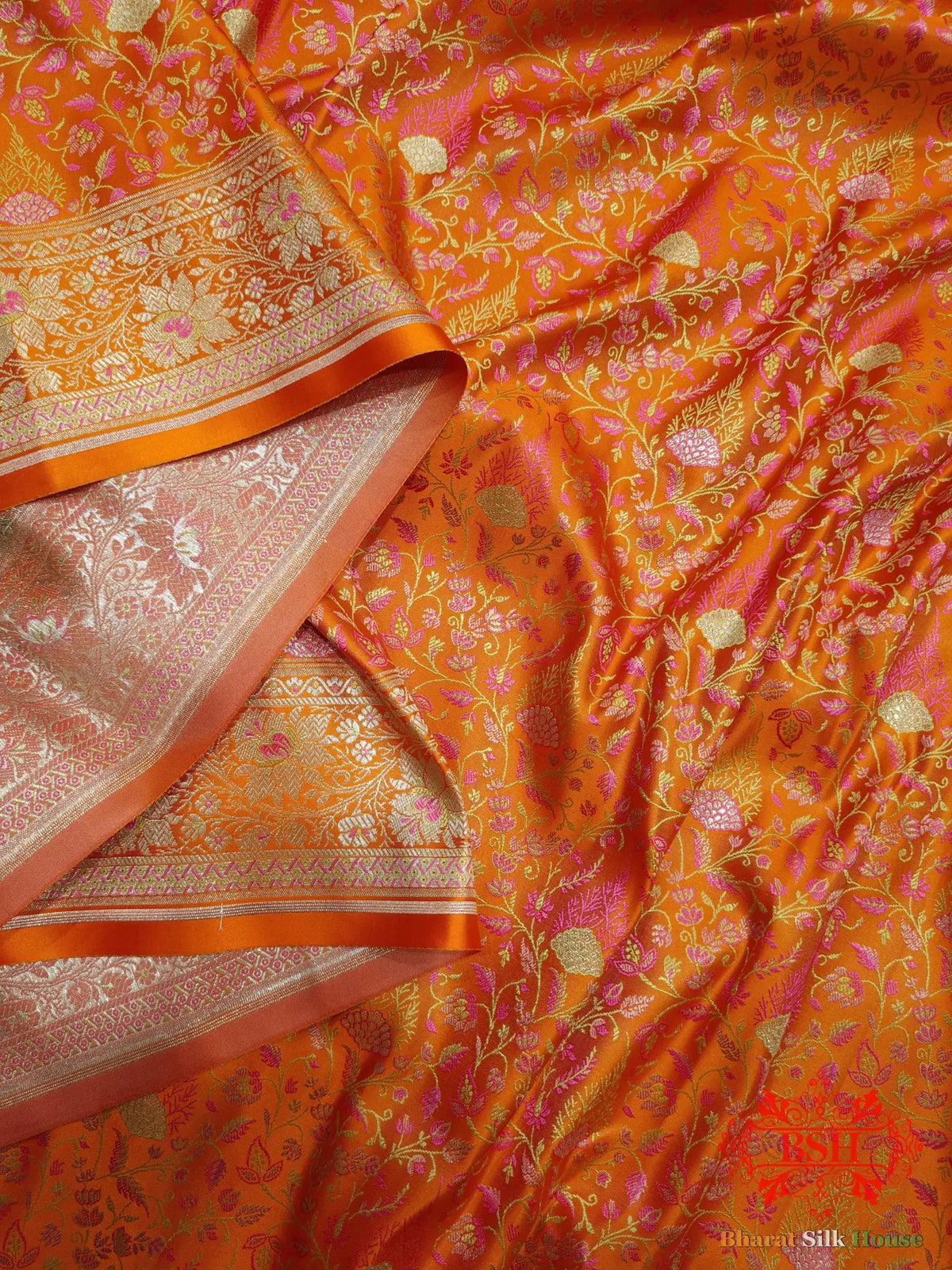 Orange Dohri Resham Zari Booti Tanchoi Silk Saree - Bharat Silk House Tanchoi katan