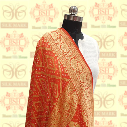Orange Georgette Banarasi Handloom Bandhani Dupatta - Bharat Silk House Bandhej