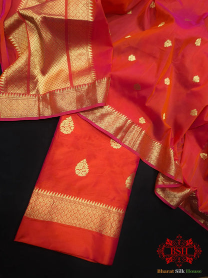 Orange Handloom Banarasi Silk Suit Piece - Bharat Silk House Pure Kataan Silk