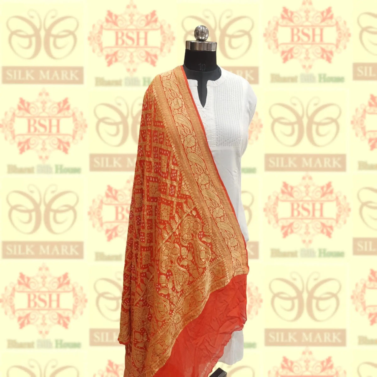 Orange Pure Georgette Banarasi Handloom Bandhani Dupatta - Bharat Silk House Bandhej
