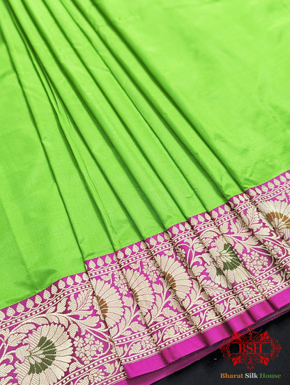 Parrot Green Pure Katan Silk Banarasi Saree - Bharat Silk House