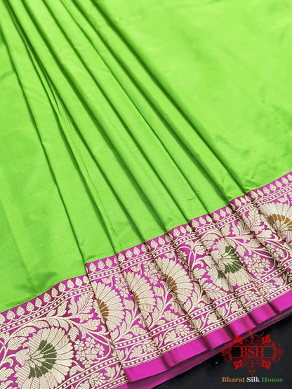 Parrot Green Pure Katan Silk Banarasi Saree - Bharat Silk House Pure Kataan Silk