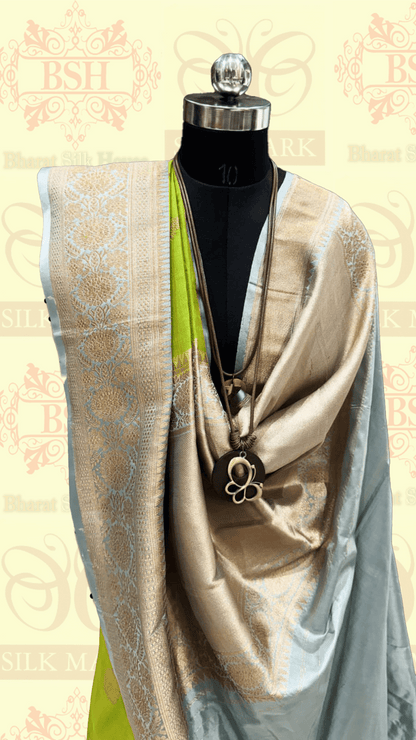 Parrot Green Pure Tussar Moonga Silk Handloom Saree With Zari Border - Bharat Silk House