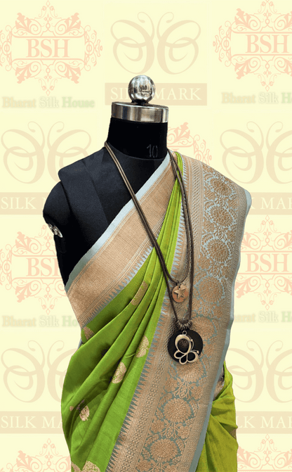 Parrot Green Pure Tussar Moonga Silk Handloom Saree With Zari Border - Bharat Silk House