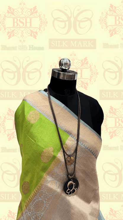 Parrot Green Pure Tussar Moonga Silk Handloom Saree With Zari Border - Bharat Silk House