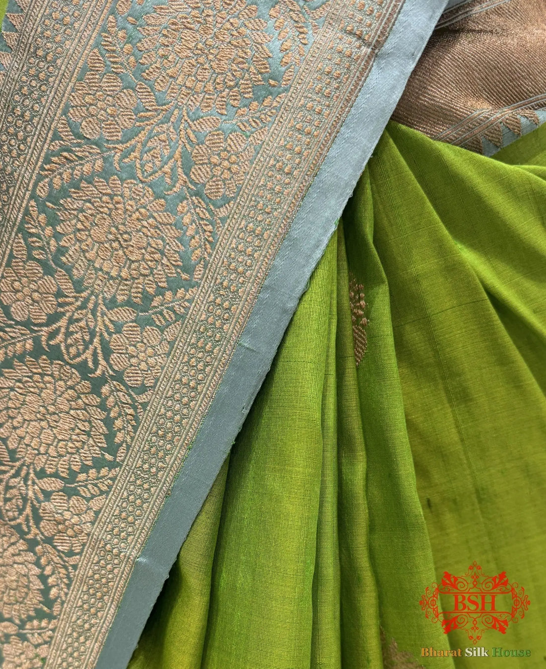 Parrot Green Pure Tussar Moonga Silk Handloom Saree With Zari Border - Bharat Silk House Tussar