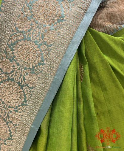 Parrot Green Pure Tussar Moonga Silk Handloom Saree With Zari Border - Bharat Silk House Tussar