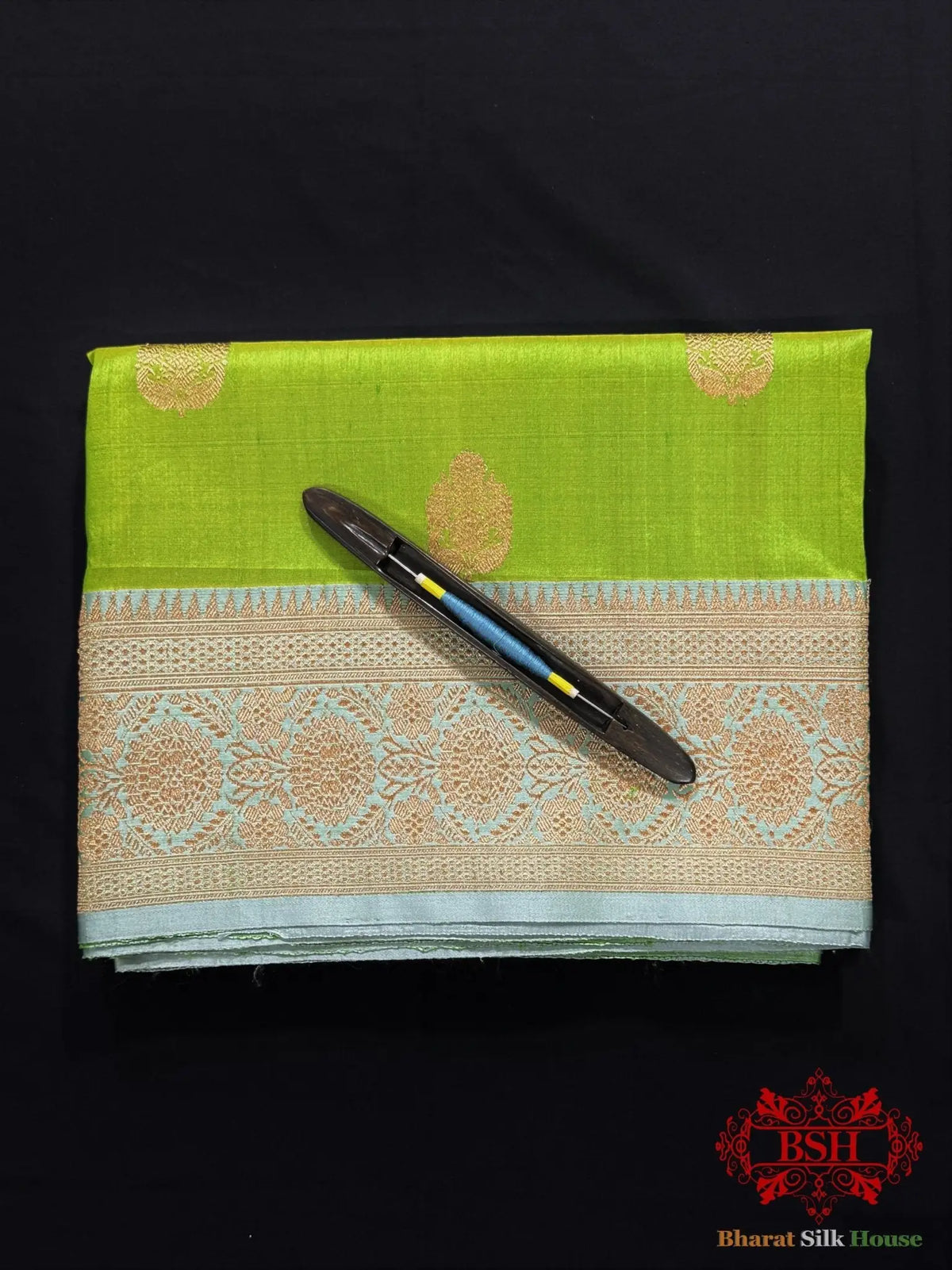 Parrot Green Pure Tussar Moonga Silk Handloom Saree With Zari Border - Bharat Silk House Tussar