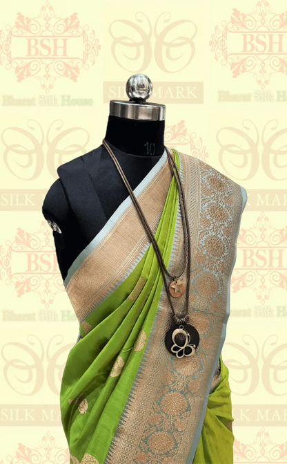 Parrot Green Pure Tussar Moonga Silk Handloom Saree With Zari Border - Bharat Silk House Tussar