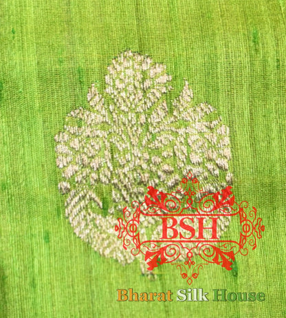 Parrot Green Pure Tussar Moonga Silk Handloom Saree With Zari Border - Bharat Silk House Tussar