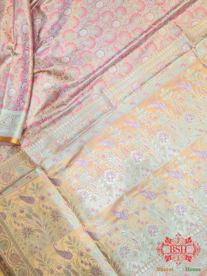 Pastel Orange Dohri Resham Zari Booti Tanchoi Silk Saree - Bharat Silk House Tanchoi katan