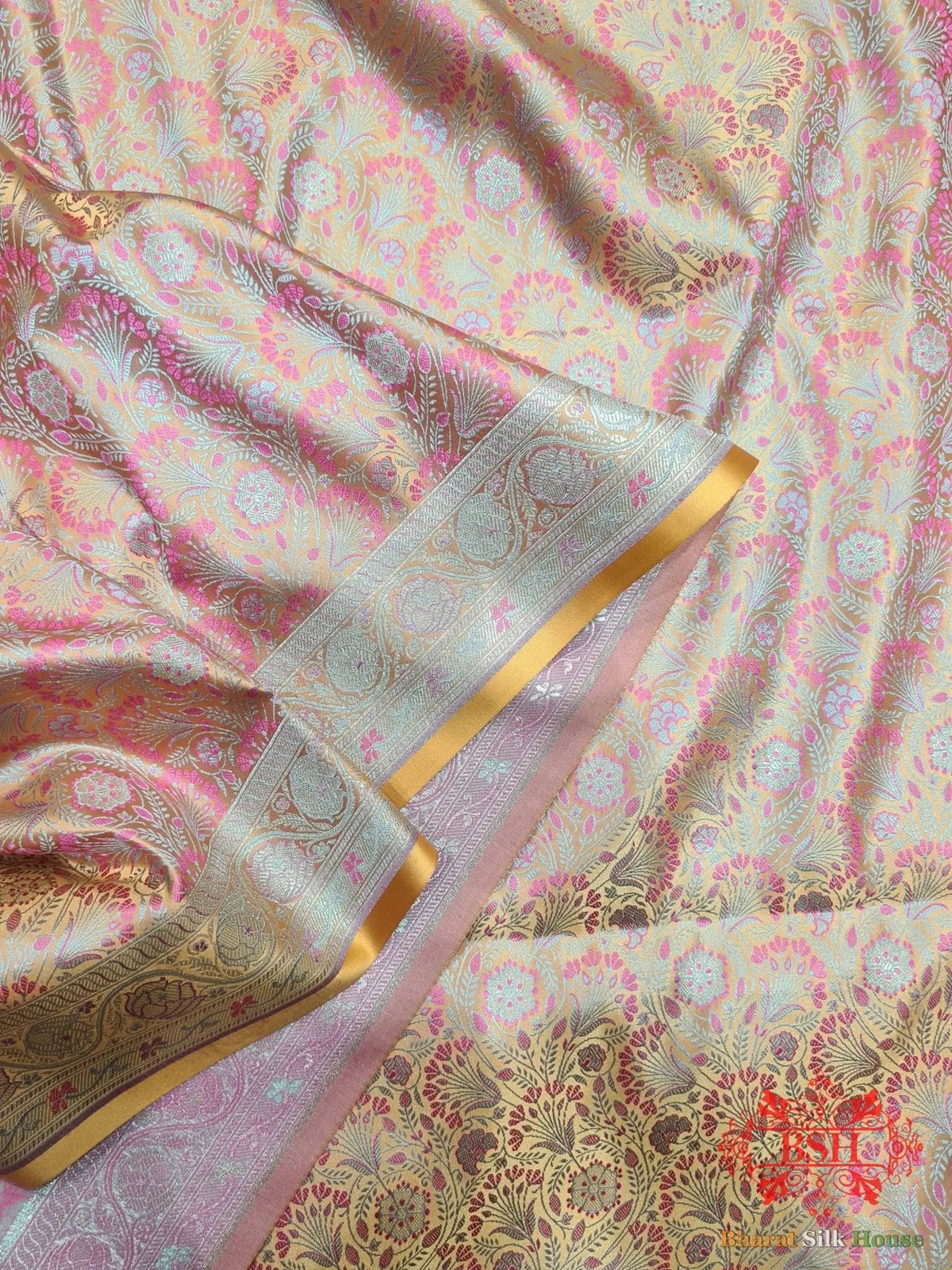 Pastel Orange Dohri Resham Zari Booti Tanchoi Silk Saree - Bharat Silk House Tanchoi katan