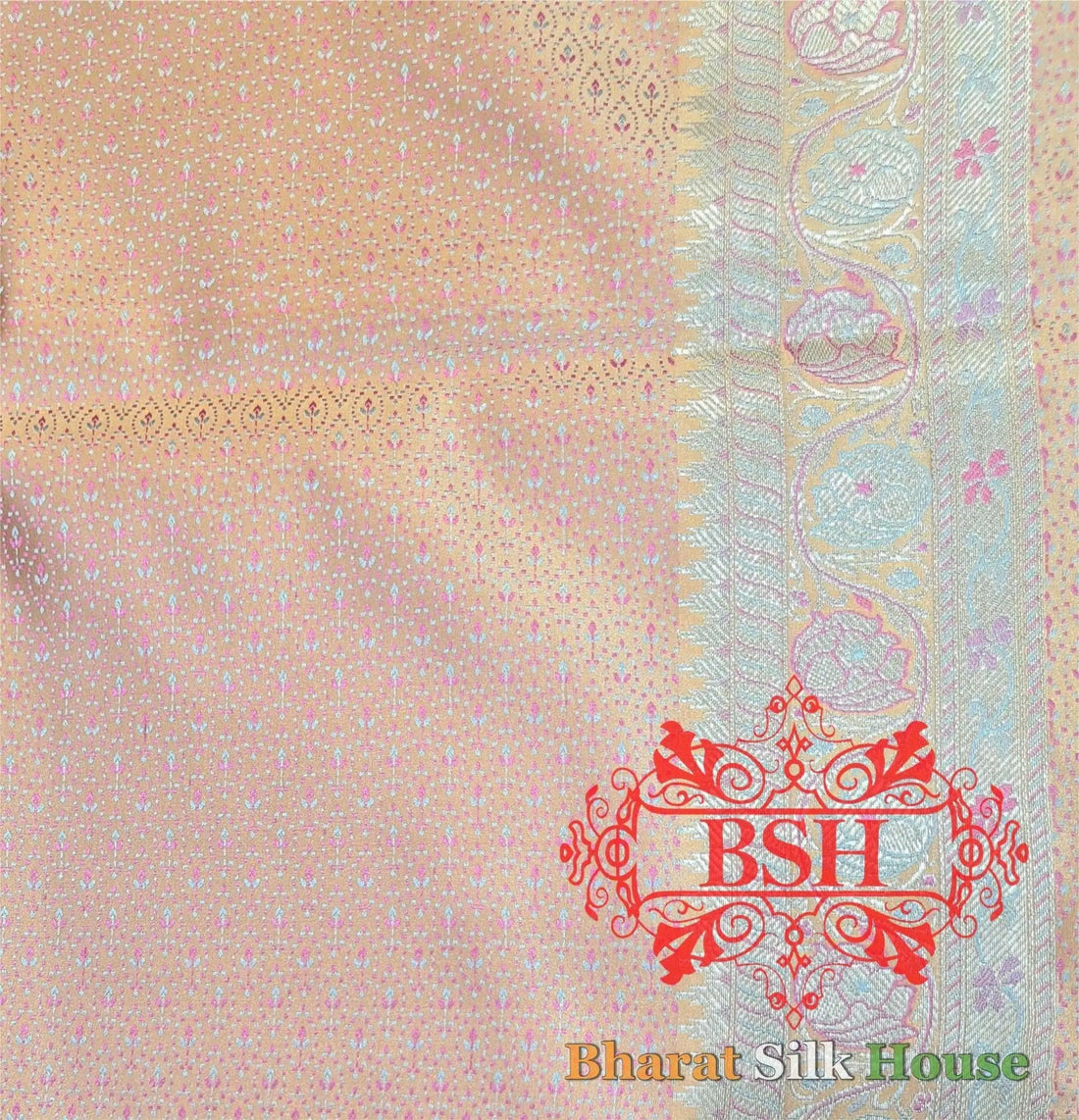 Pastel Orange Dohri Resham Zari Booti Tanchoi Silk Saree - Bharat Silk House Tanchoi katan