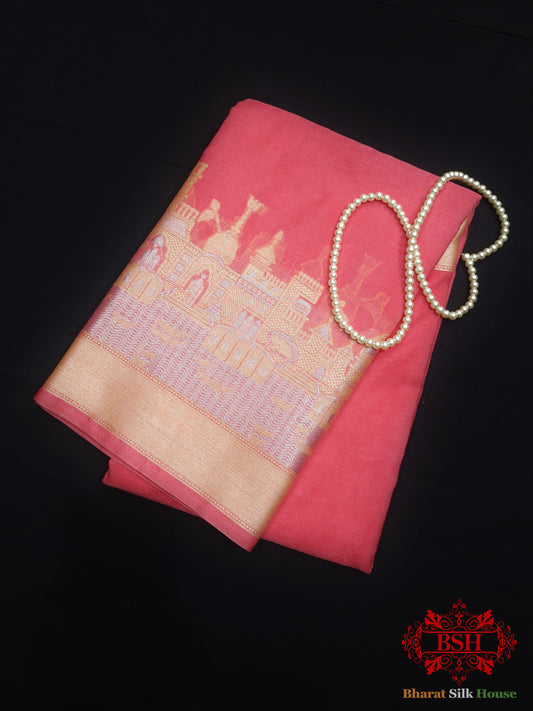 Peach Banarasi Ghats Weaved Silk Saree - Bharat Silk House