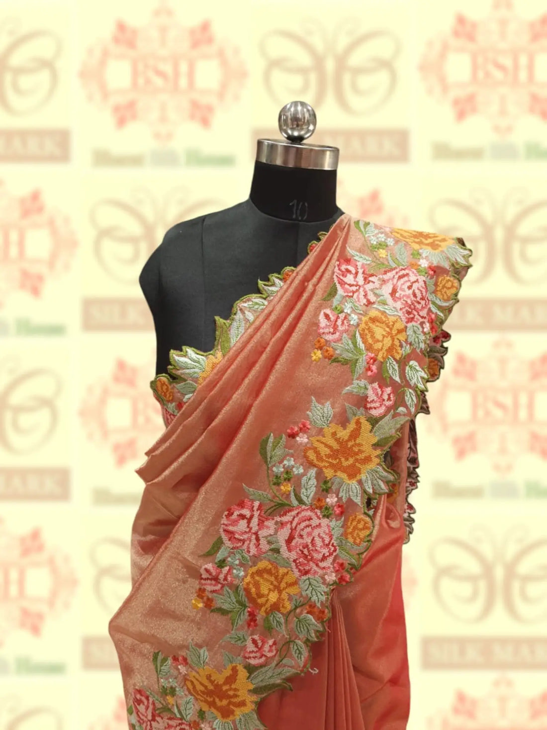 Peach Color Crochet Work Tissue Silk Saree - Bharat Silk House Tissue Silk