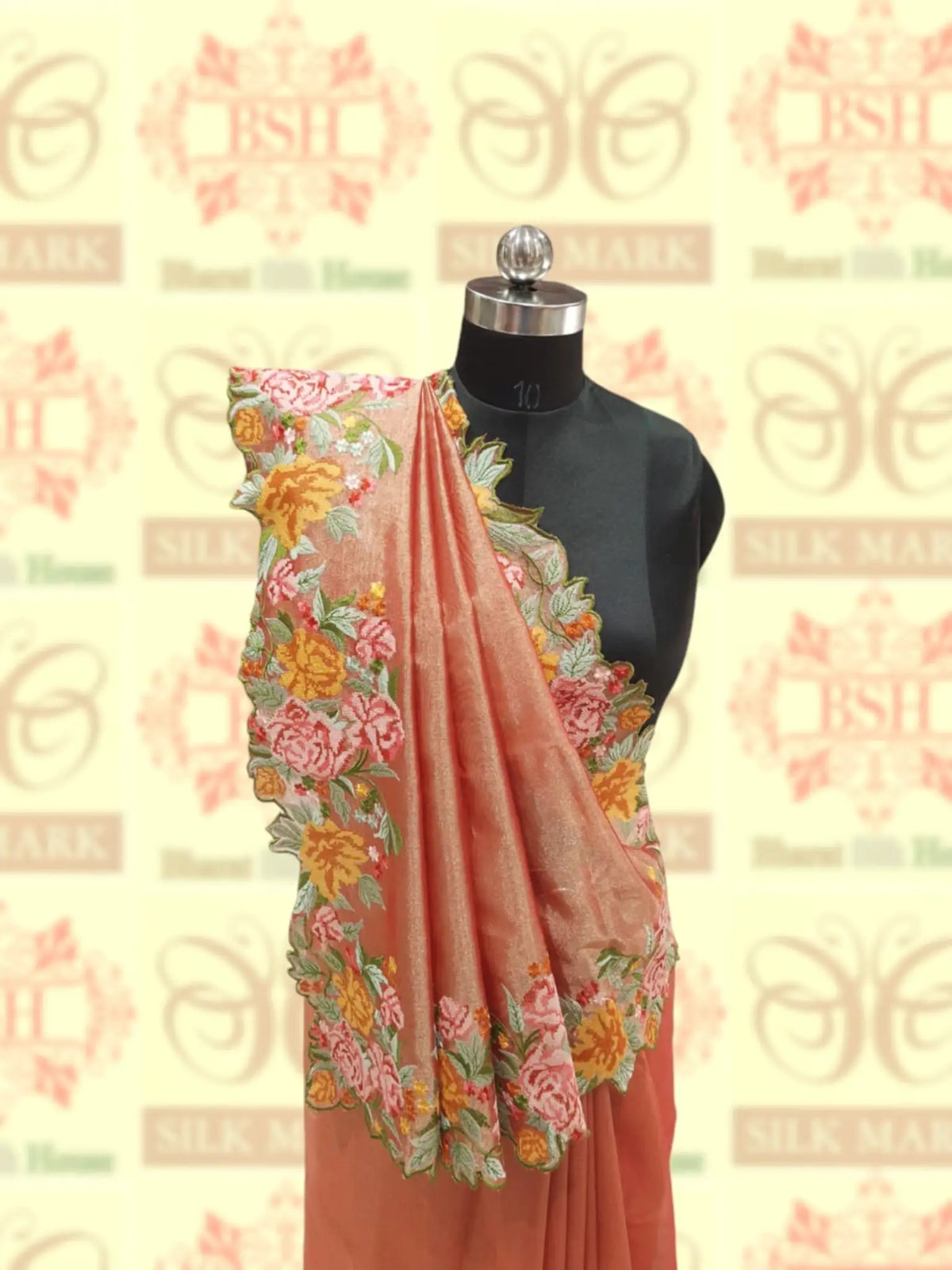 Peach Color Crochet Work Tissue Silk Saree - Bharat Silk House Tissue Silk