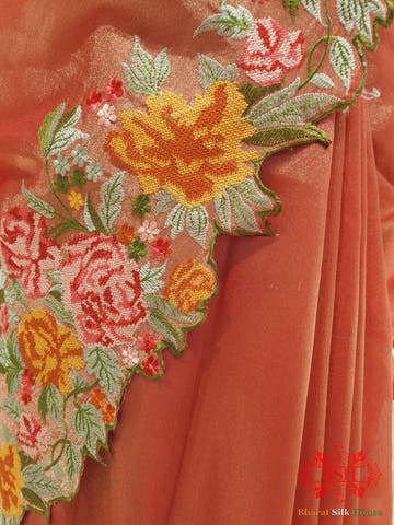 Peach Color Crochet Work Tissue Silk Saree - Bharat Silk House Tissue Silk