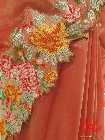Peach Color Crochet Work Tissue Silk Saree - Bharat Silk House Tissue Silk