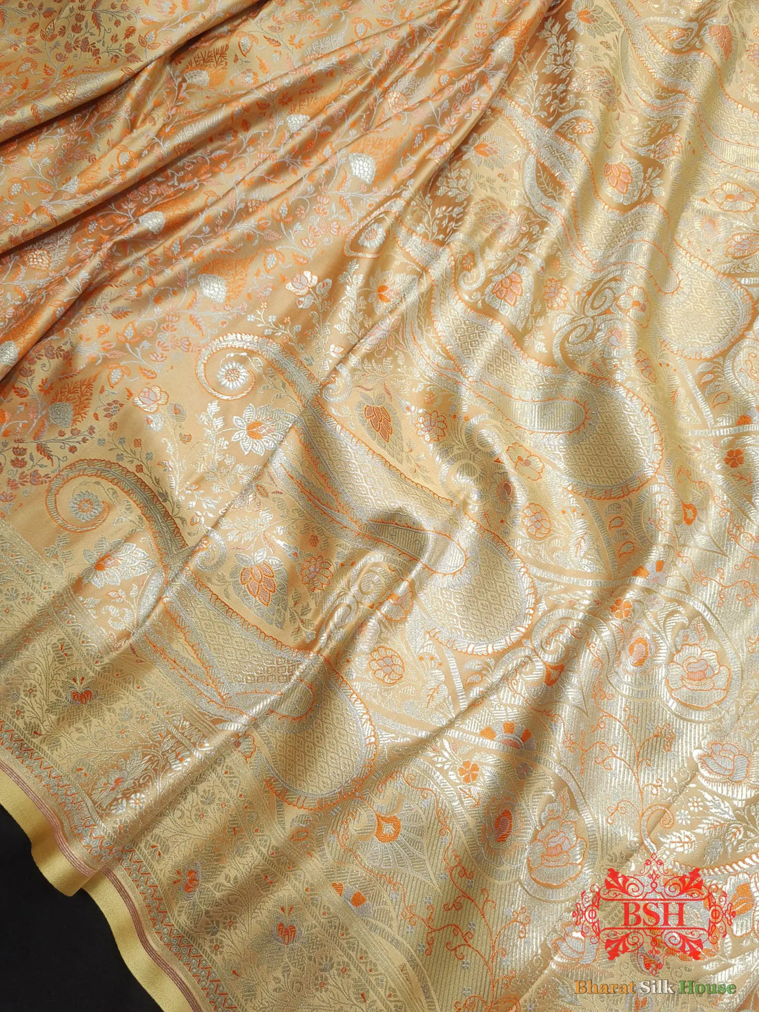 Peach Dohri Resham Zari Booti Tanchoi Silk Saree - Bharat Silk House Tanchoi katan