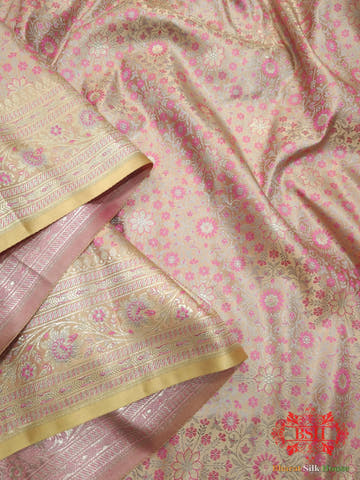 Peach Dohri Resham Zari Booti Tanchoi Silk Saree - Bharat Silk House Tanchoi katan