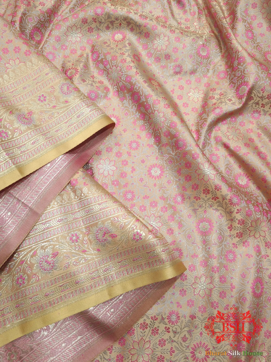 Peach Dohri Resham Zari Booti Tanchoi Silk Saree - Bharat Silk House Tanchoi katan