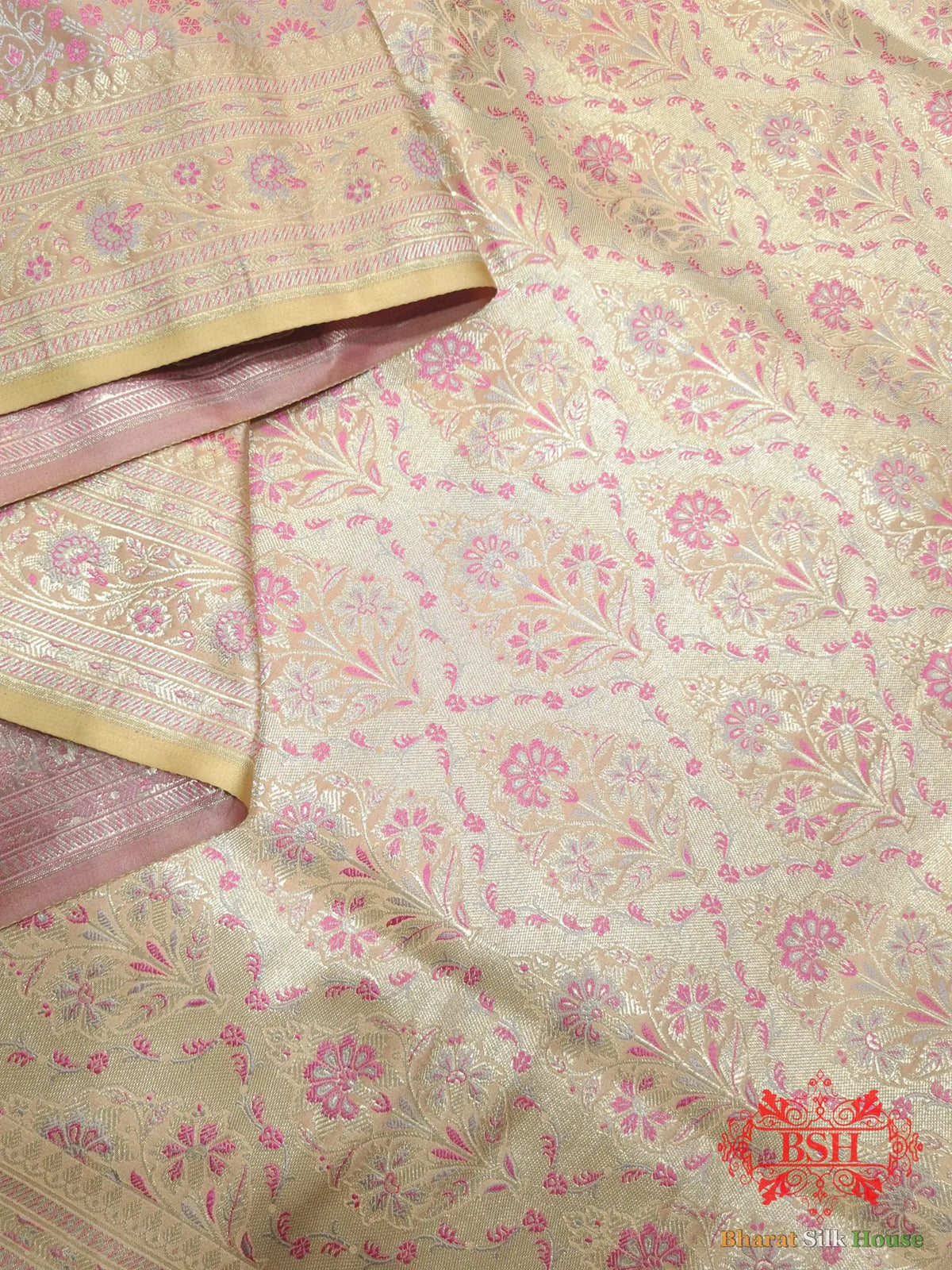 Peach Dohri Resham Zari Booti Tanchoi Silk Saree - Bharat Silk House Tanchoi katan
