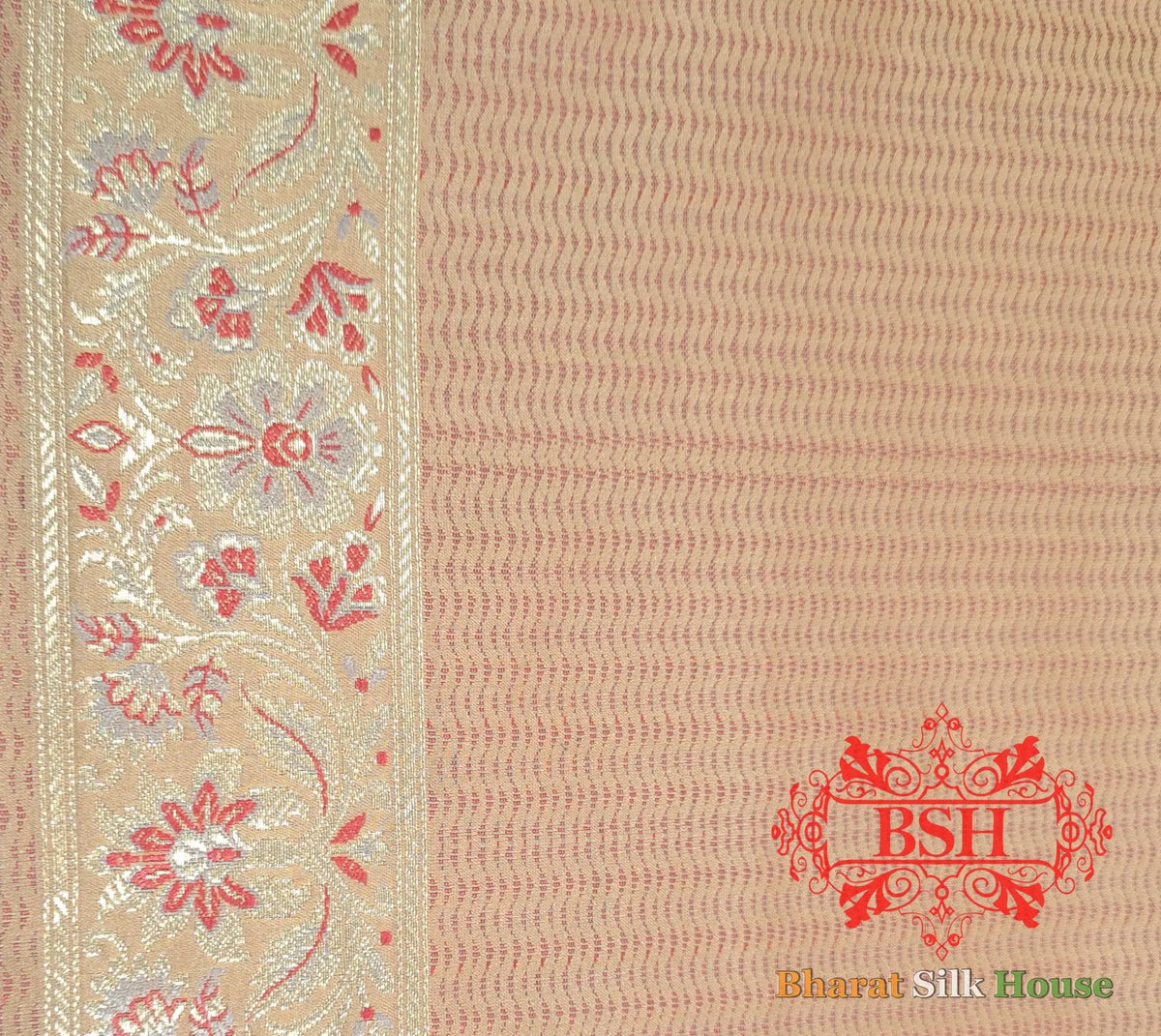 Peach Dohri Resham Zari Booti Tanchoi Silk Saree - Bharat Silk House Tanchoi katan