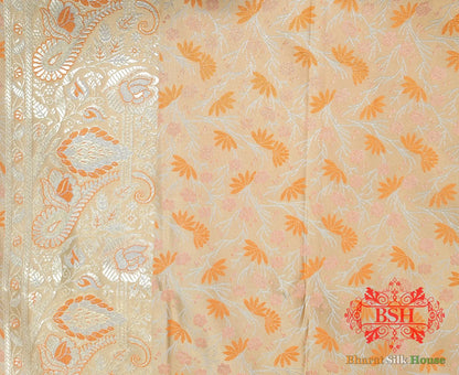 Peach Dohri Resham Zari Booti Tanchoi Silk Saree - Bharat Silk House Tanchoi katan