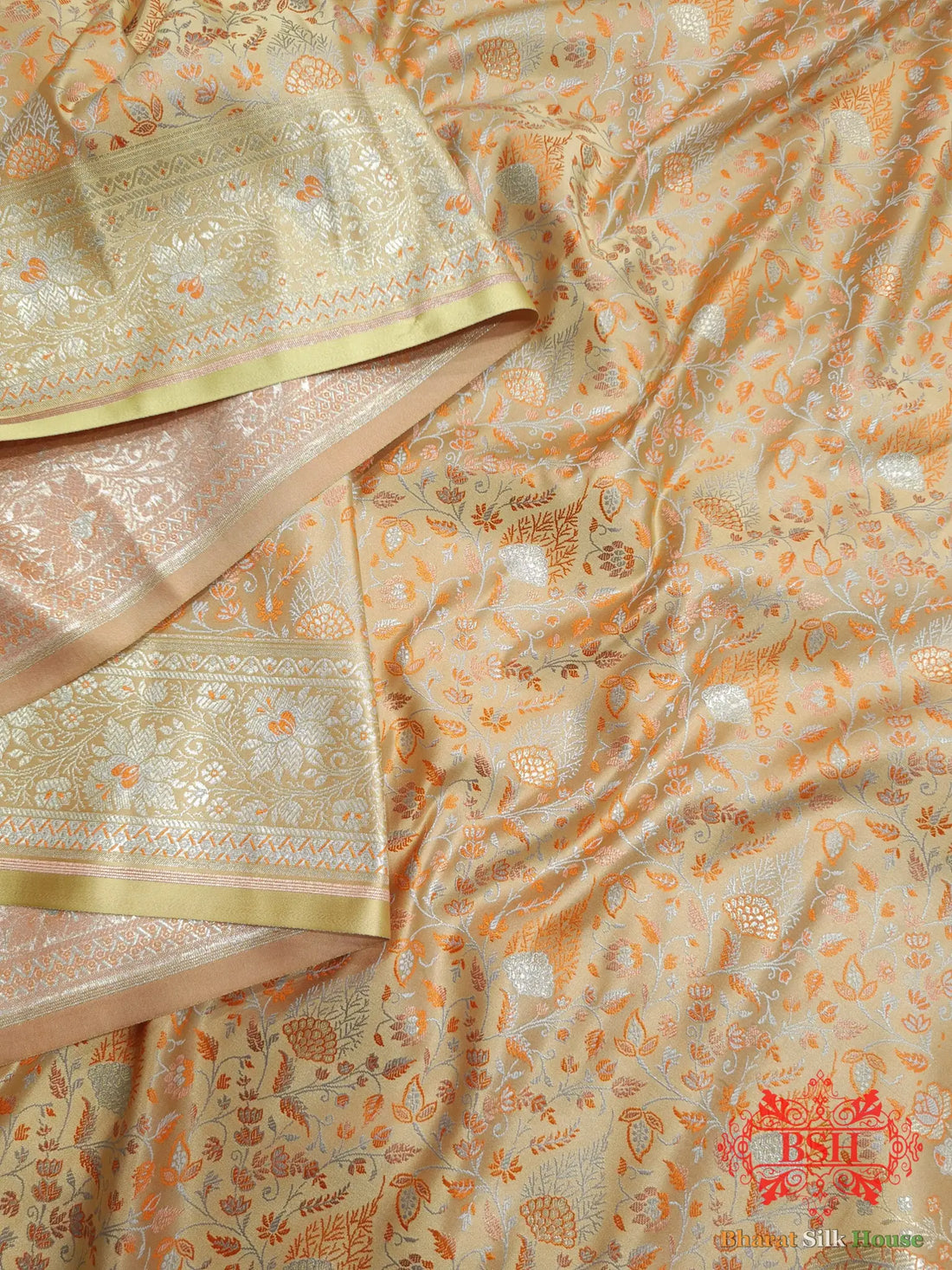 Peach Dohri Resham Zari Booti Tanchoi Silk Saree - Bharat Silk House Tanchoi katan