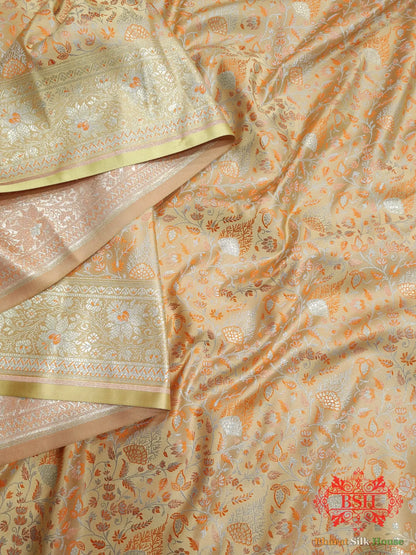 Peach Dohri Resham Zari Booti Tanchoi Silk Saree - Bharat Silk House Tanchoi katan