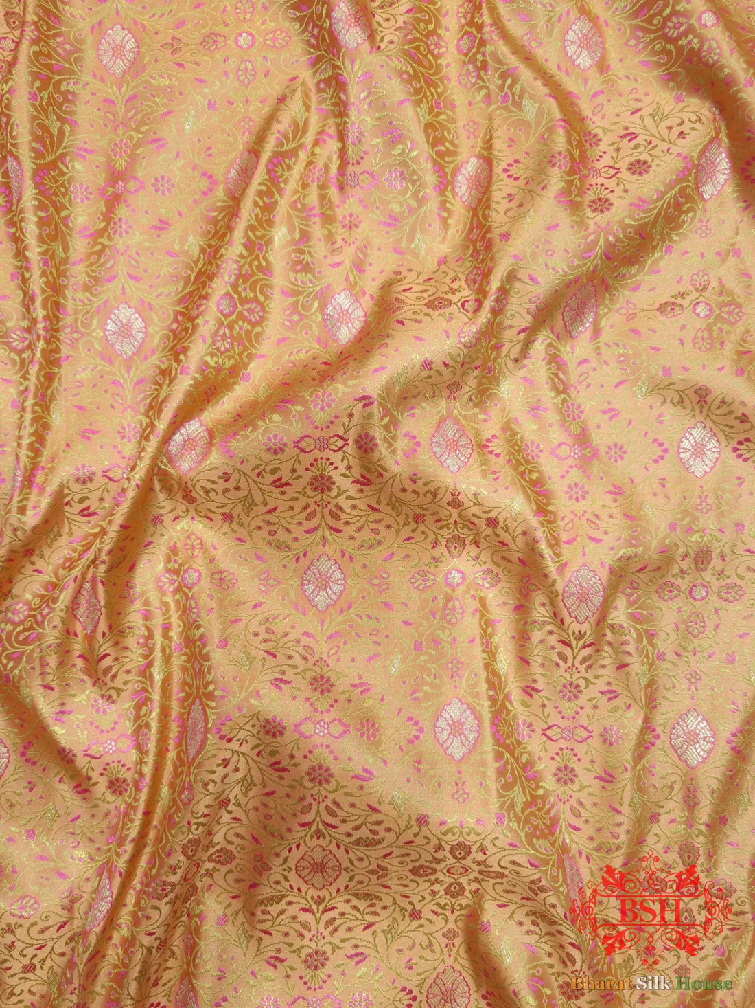 Peach Orange Dohri Resham Zari Booti Tanchoi Silk Saree - Bharat Silk House Tanchoi katan
