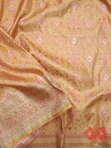 Peach Orange Dohri Resham Zari Booti Tanchoi Silk Saree - Bharat Silk House Tanchoi katan