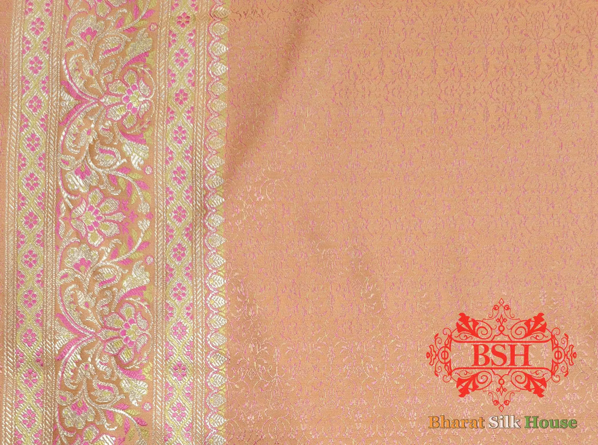 Peach Orange Dohri Resham Zari Booti Tanchoi Silk Saree - Bharat Silk House Tanchoi katan
