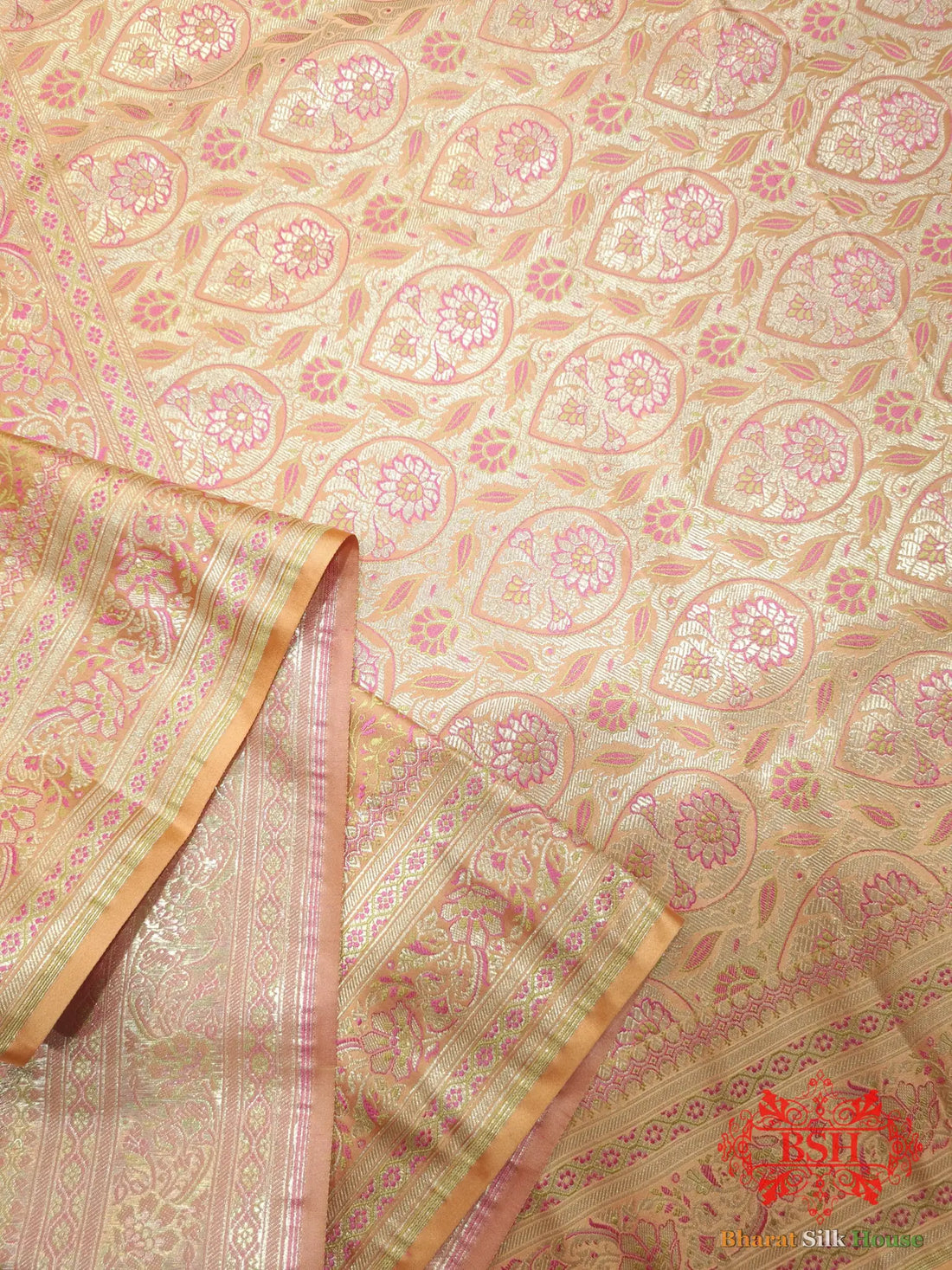Peach Orange Dohri Resham Zari Booti Tanchoi Silk Saree - Bharat Silk House Tanchoi katan