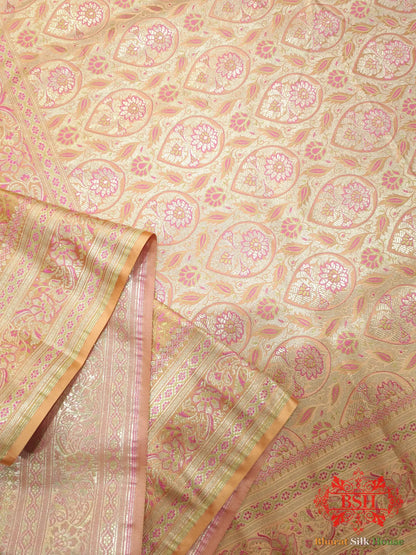 Peach Orange Dohri Resham Zari Booti Tanchoi Silk Saree - Bharat Silk House Tanchoi katan