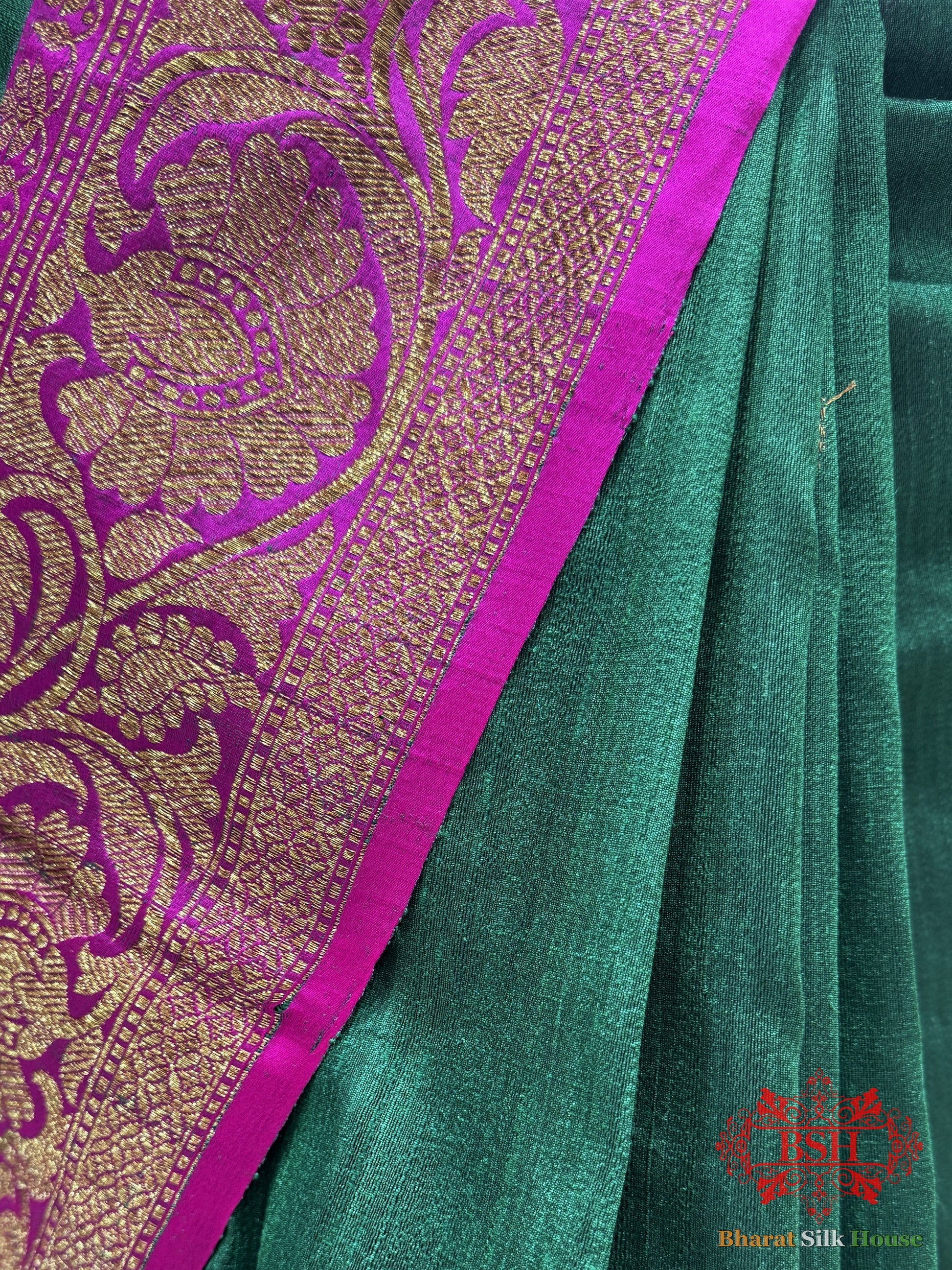 Pine Green Green Pure Tussar Moonga Silk Handloom Saree With Zari Border - Bharat Silk House