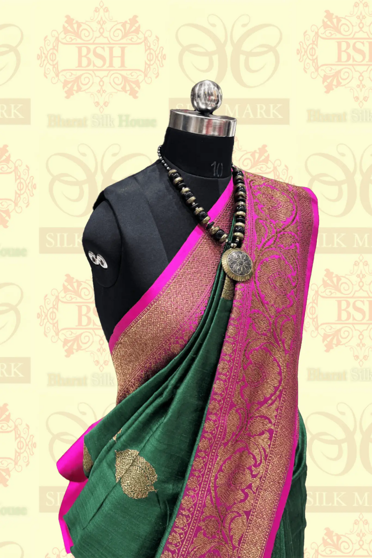 Pine Green Green Pure Tussar Moonga Silk Handloom Saree With Zari Border - Bharat Silk House Tussar