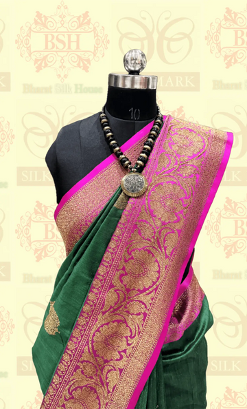 Pine Green Green Pure Tussar Moonga Silk Handloom Saree With Zari Border - Bharat Silk House Tussar