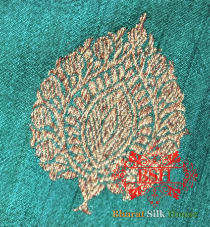 Pine Green Green Pure Tussar Moonga Silk Handloom Saree With Zari Border - Bharat Silk House Tussar