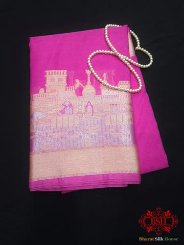 Pink Banaras Ghats Weaved Silk Saree - Bharat Silk House Semi-Silk
