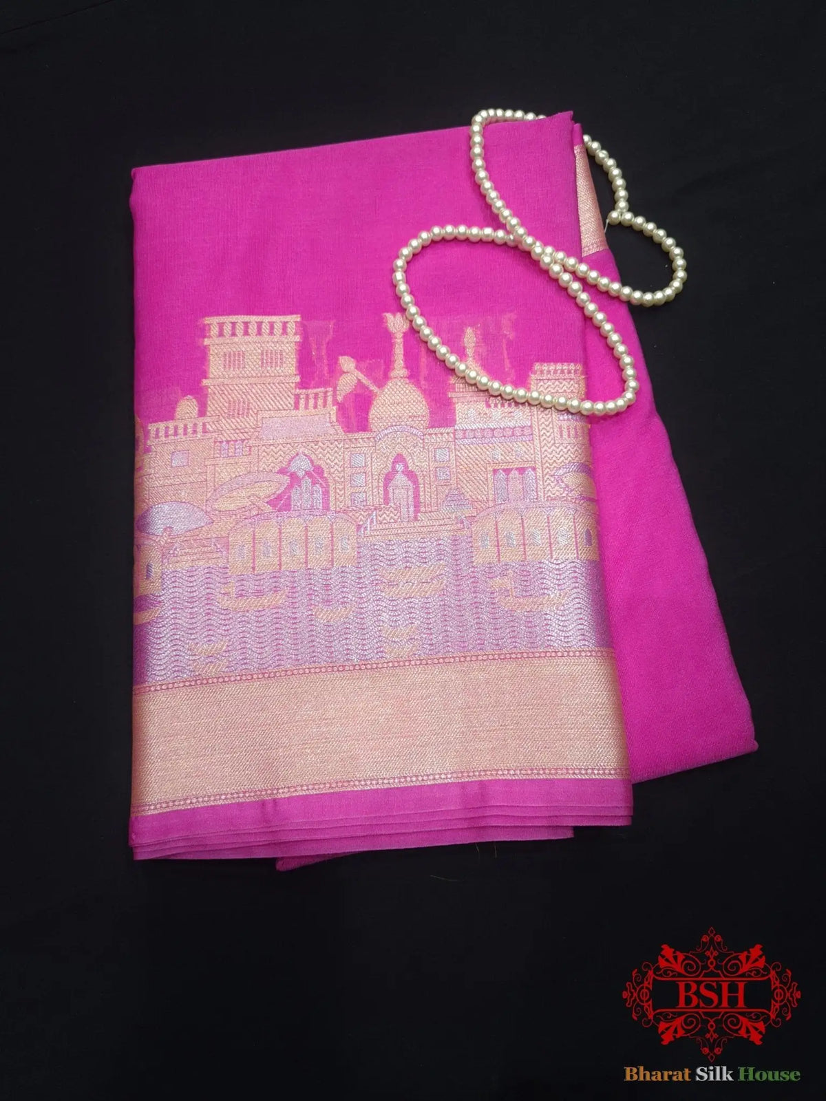 Pink Banaras Ghats Weaved Silk Saree - Bharat Silk House Semi-Silk