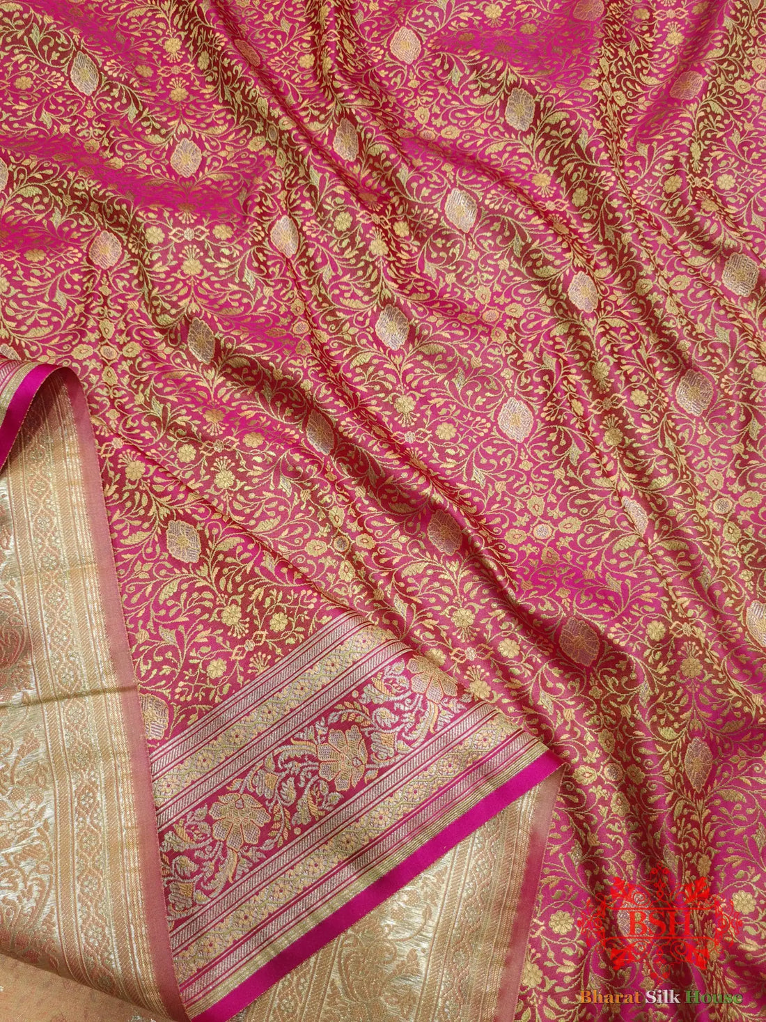 Pink Dohri Resham Zari Booti Tanchoi Silk Saree - Bharat Silk House Tanchoi katan