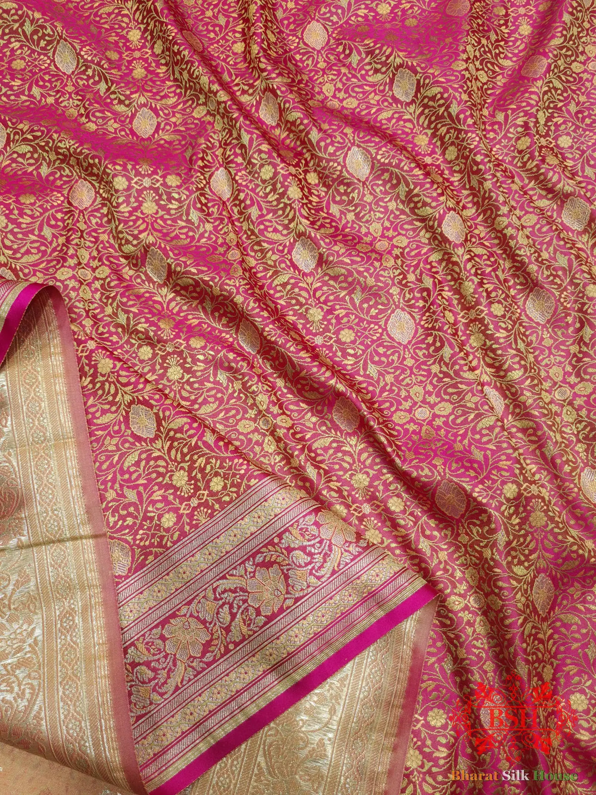 Pink Dohri Resham Zari Booti Tanchoi Silk Saree - Bharat Silk House Tanchoi katan